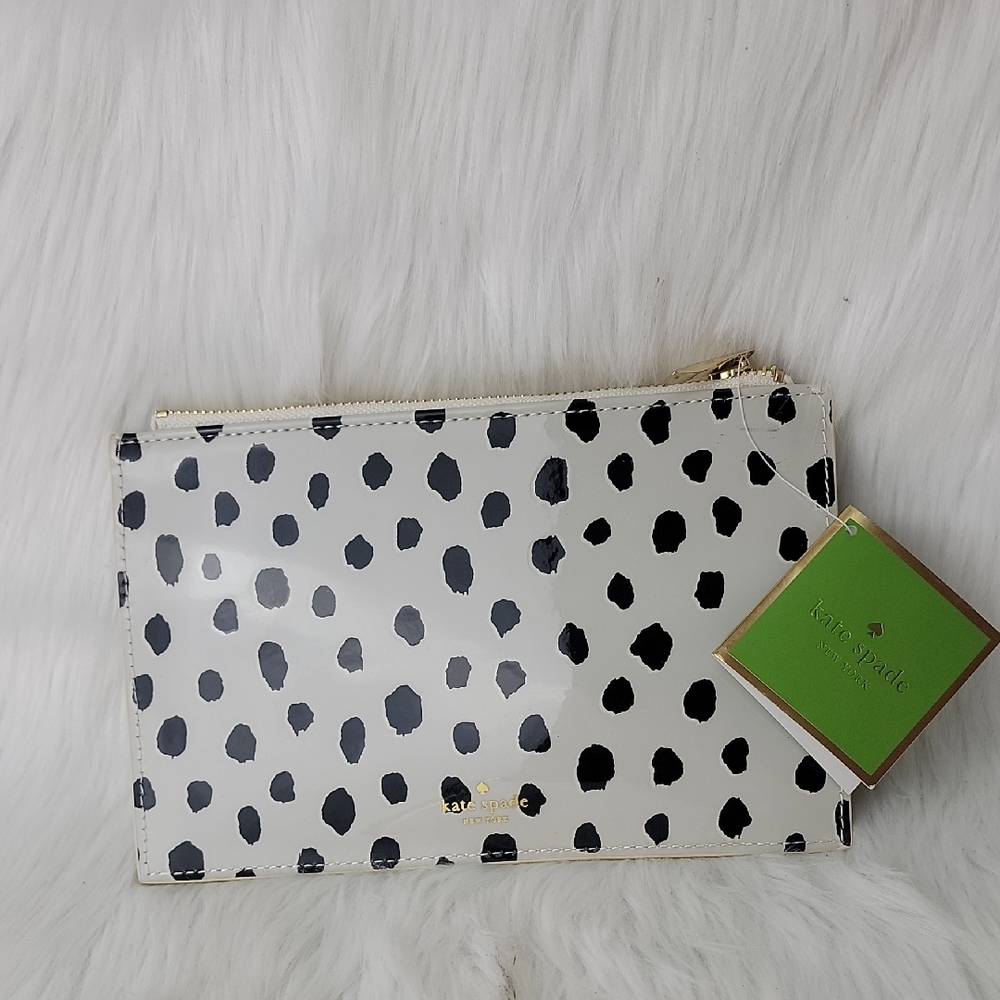 KATE SPADE Ivory Black Spotted Dot Animal Print Preppy Glam Zip Pencil Pouch
